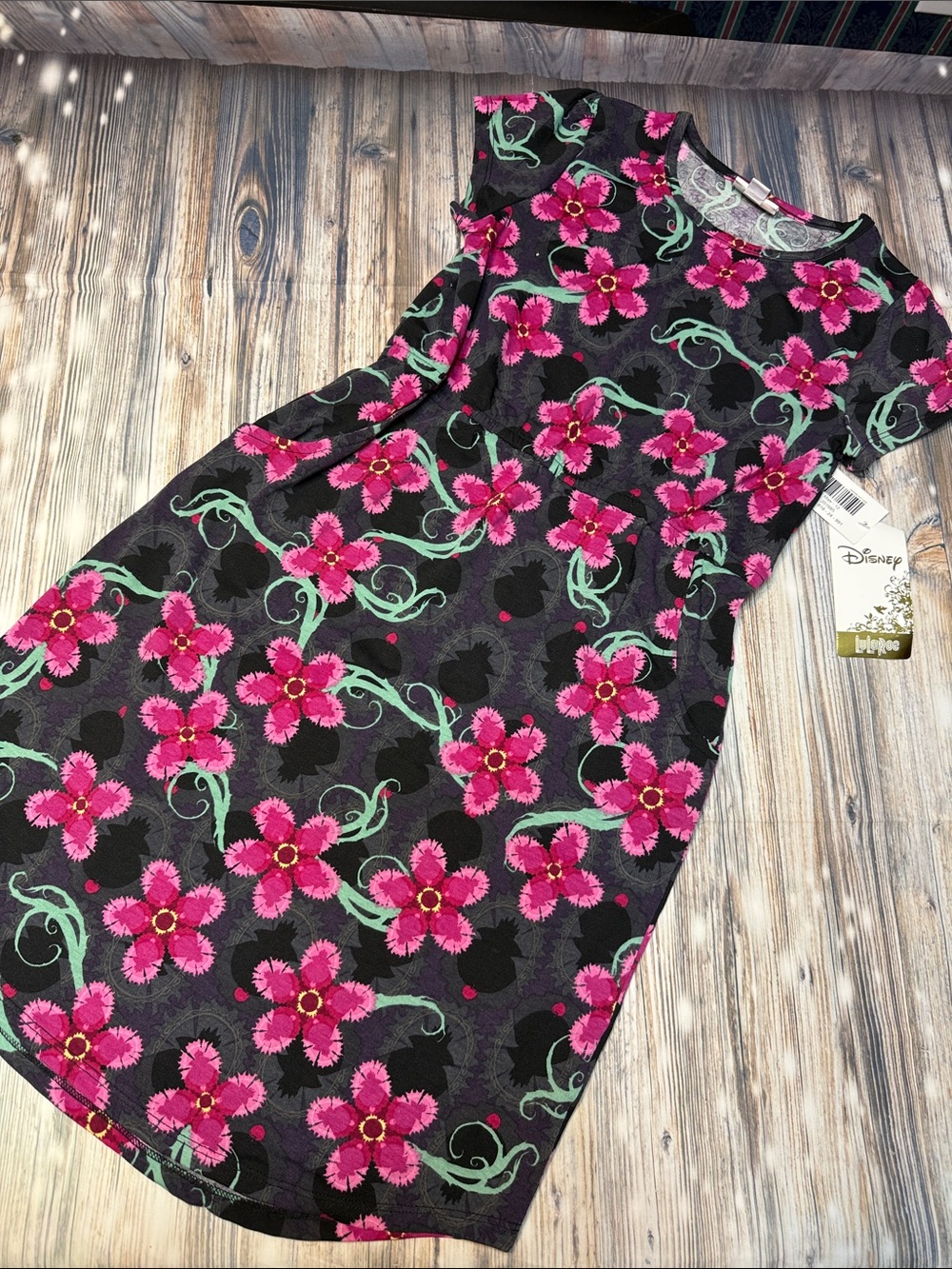 LuLaRoe Black Dress with Hot Pink Flowers and Mint Vines Disney Collection